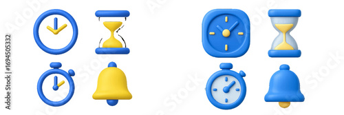 Realistic 3D time management icon collection featuring a clock, hourglass, stopwatch, and notification bell for modern UI and UX design