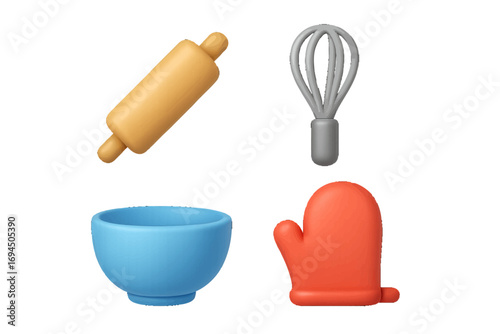 3D style baking and cooking utensil icon set with rolling pin, whisk, mixing bowl, and oven mitt isolated on a white background