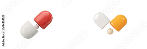 Partially open red and white capsule and fully open orange and white capsule with small pills inside