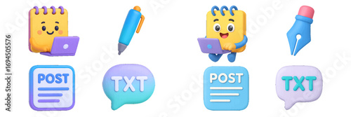 Set of cute icons for digital content creation, social media posting, and text messaging with character elements and writing tools for online communication