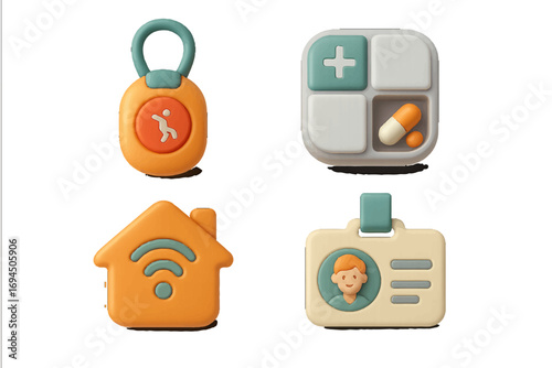 Set of 3D style icons for senior care technology including medical alert system, smart home monitoring, pill organizer, and personal ID