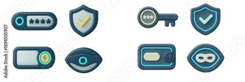 3D security and privacy icon set with shield, key, password, and incognito symbols for cybersecurity and data protection concepts