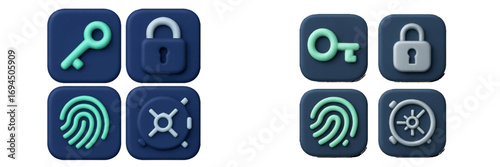 3D security icon set with key, lock, fingerprint, and safe symbols for UI design and cybersecurity concepts