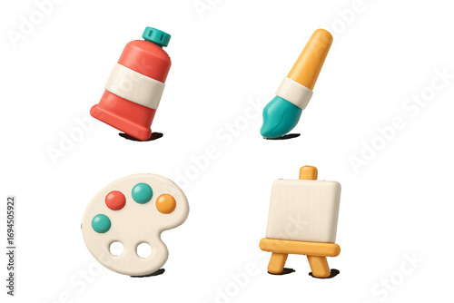 3D art supplies icon set with paint tube, paintbrush, palette, and easel for creativity and hobby concepts isolated on a white background