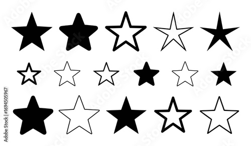 Collection of Black and White Star Icons in Various Styles and Sizes