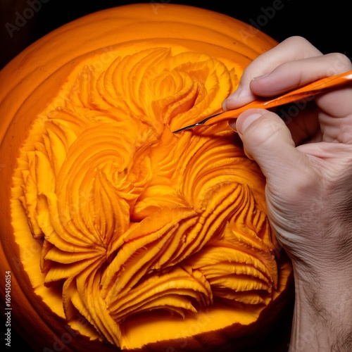 Skilled artisan meticulously carves an intricate, artistic pumpkin with detailed patterns and subtle shading, showcasing professional Halloween decoration expertise.