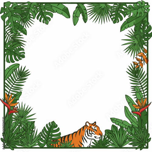 A square frame filled with lush green tropical foliage and a tiger peeking from the bottom right corner.