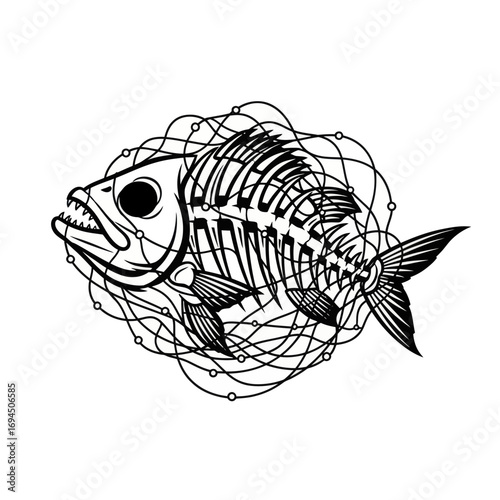 Fish Skeleton Entangled in Net Graphic Design.