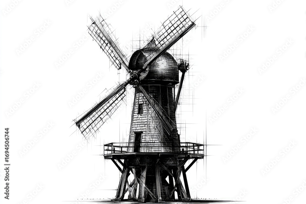 Obraz premium Detailed drawing of a classic windmill.
