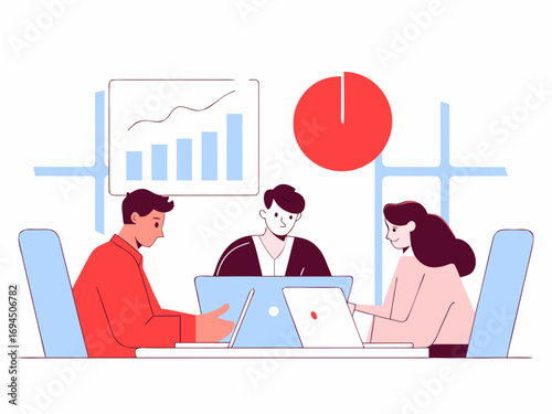 Corporate professionals working together on laptops while analyzing business reports and data charts