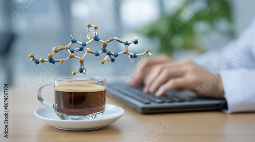 AI Powered Drug Discovery: A team analyzing drug compounds on a computer with a molecular model a coffee tray and a collaborative lab space. high quality photo ultra high