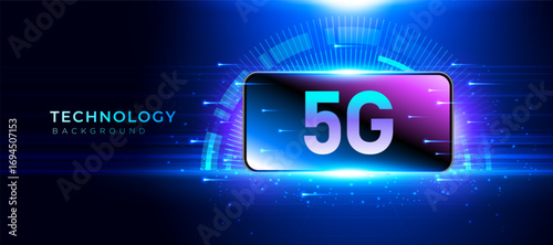 5G technology background with blue futuristic light and digital speed design. Modern wireless network, innovation communication, and high speed internet concept. Vector banner, cover
