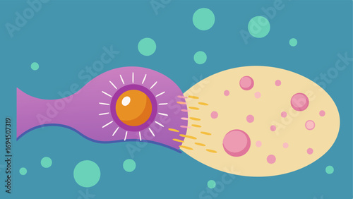 Exosome Release Show a fibroblast cell releasing exosomes into the extracellular matrix with small particles labeled exosomes floating away indicating their role in collagen and