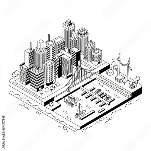 Isometric Cityscape with Harbor and Bridge.