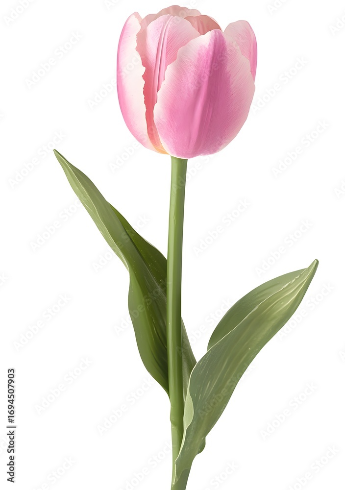 Fototapeta premium Watercolor pink tulip flower with stem and leaves,