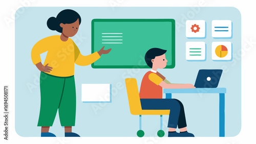 Education Accessibility A classroom setting where a teacher is using an interactive display to teach students with a child using a communication device to participate.