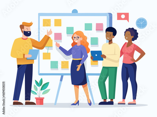 Flat design of diverse coworkers brainstorming creative ideas using sticky
