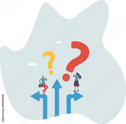 Direction choice, crossroad or decision for career path, choosing path way, challenge or opportunity doubt, determination or tough decision.about a man and his life.