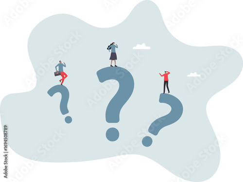 Confused business team finding answer or solution to solve problem, work question or doubt and suspicion in work process.life and employment of people.