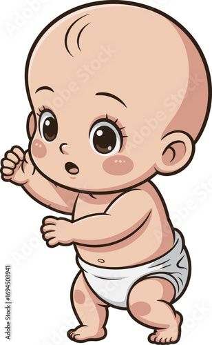 Cartoon baby, cute infant, standing pose, diapered child, curious expression, big eyes, vector illustration, toddler character, playful design, child art
