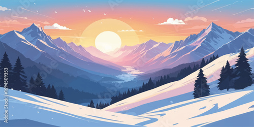 Sunrise paints a snowy winter mountain landscape with a fiery sky and distant clouds, as cold air drifts over the icy peaks
