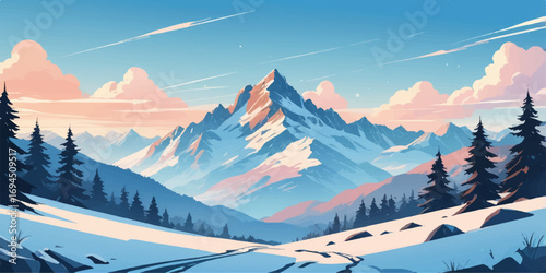A high-angle view of a ski resort in the Swiss Alps, with a deep blue sky above snow-capped mountains and alpine valleys