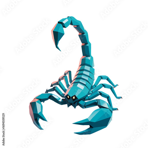 Colorful geometric illustration of a scorpion with orange hues and sharp features in a minimalist style