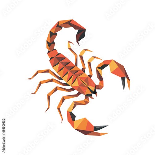 Colorful geometric illustration of a scorpion with orange hues and sharp features in a minimalist style