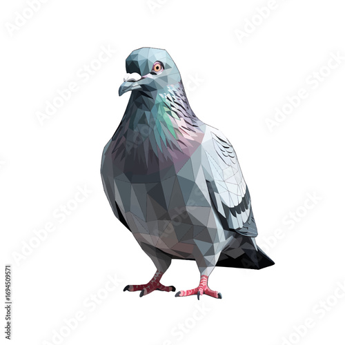 Intricate polygonal design of a pigeon with vibrant colors and geometric shapes focused on its unique features
