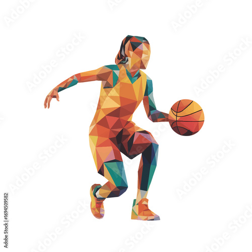 Dynamic basketball player dribbling towards the hoop during an intense game