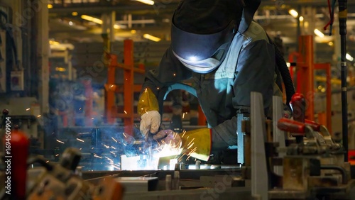 Welder in protective gear working in a factory with sparks flying. Ideal for industry, labor, manufacturing, metalwork, and occupational safety themes.