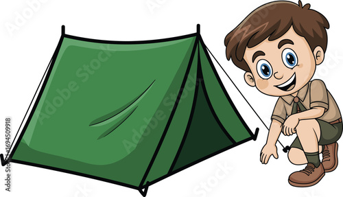 Cartoon boy scout camping, vector illustration, squatting by green tent, kids outdoor adventure, smiling child character, camp theme, nature activity