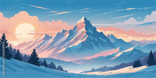 Mountain peak views of alpine glaciers under a cold winter sky with clouds and sun