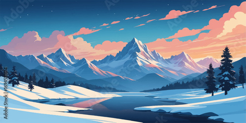 A serene winter landscape with snow-covered mountains, where the cold, high peaks touch the clouds under a panoramic sky