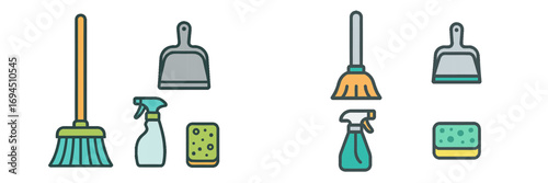 Set of cleaning icons including broom, dustpan, spray bottle, and sponge for household chores and domestic tasks