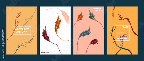 Abstract autumn colors leaf and branch illustration poster design, featuring a minimal fall colors scheme with abstract wavy lines background, ideal for flyers, cards, advertisements, web, and social.