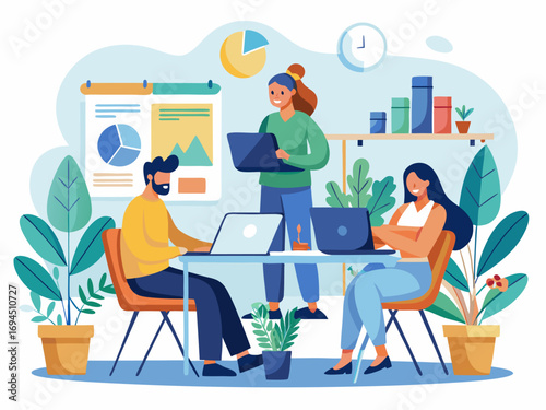 Modern office illustration of people working on laptops with plants