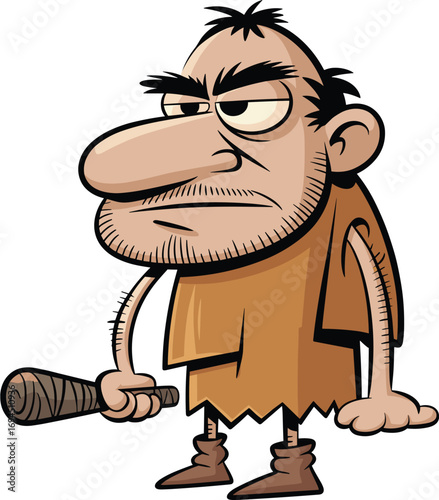 Cartoon caveman character, angry expression, wooden club, prehistoric man, animal skin outfit, vector illustration, primitive human, funny pose, ancient mascot, stone age