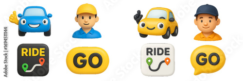 3D ride sharing app icon set with cartoon car, driver avatar, navigation pin, and go button for taxi service