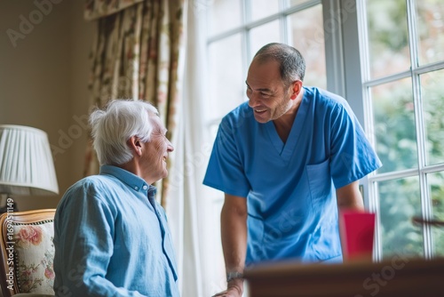 Smiling male nurse talking with elderly man during home visit. Friendly healthcare professional providing support and companionship in assisted living environment