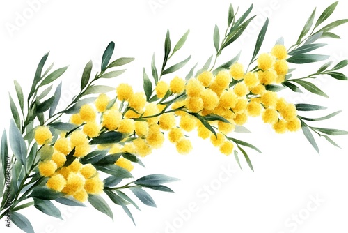 Watercolor mimosa flowers and leaves clip art, white background, springtime elements,