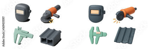 3D icons of industrial tools for construction and metalworking featuring a welding mask, angle grinder, and caliper