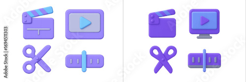 Video editing symbols: clapperboard, play, scissors, timeline slider