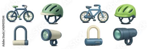 Set of essential cycling accessories for safety and outdoor recreation featuring bicycles, helmets, U-locks, and flashlights