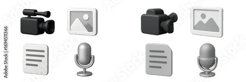 Set of modern media and communication icons including video camera, microphone, and document symbols for digital interface design