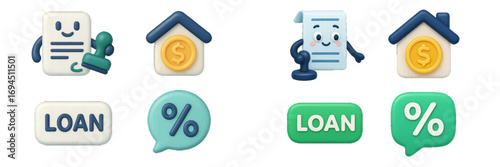 3D icon set for finance and banking with loan agreement, mortgage symbol, house with dollar coin, and interest rate percentage sign