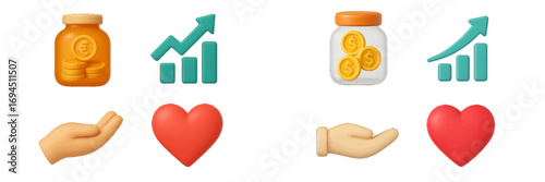 3D icon set for finance and charity with money jar, growth chart, donation hand, and heart symbol for business and social media
