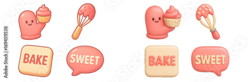 Cute baking icon set with kawaii oven mitt character holding a cupcake, a whisk with pink frosting, and sweet bake text elements