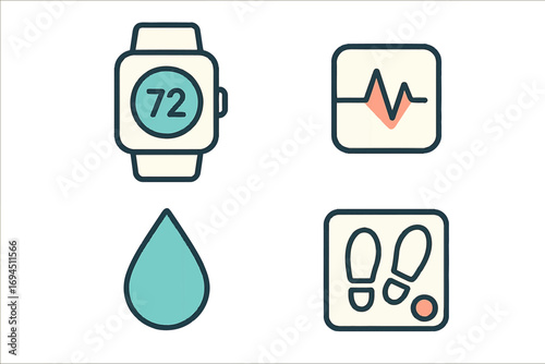 Fitness tracker icons for health monitoring applications including a smartwatch with heart rate, EKG symbol, water drop for hydration, and footprints for step counting