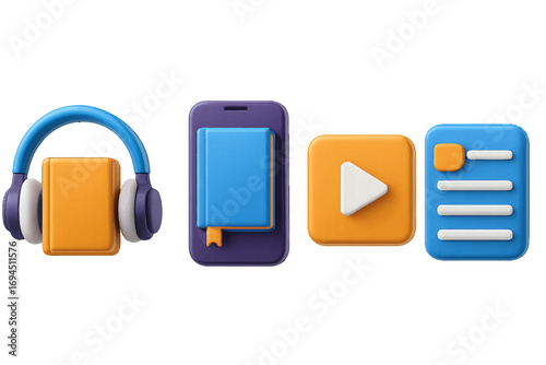 3D icon set for e-learning and digital media with audiobook, smartphone e-reader, video play button, and text document